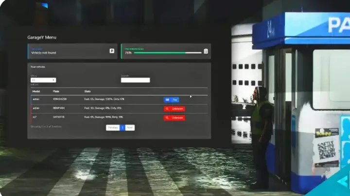 QBCore Garage System UI for vehicle management in FiveM