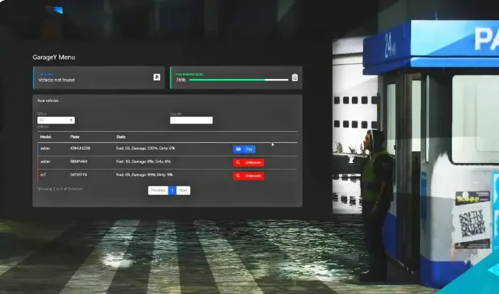 QBCore Garage System UI for vehicle management in FiveM