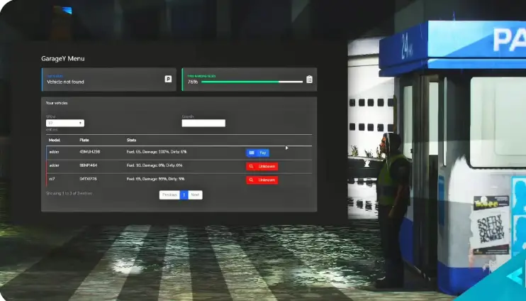 QBCore Garage System UI for vehicle management in FiveM