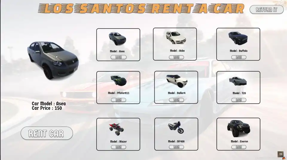 QBCore Car Rental Script for FiveM with customizable vehicle selection and pricing
