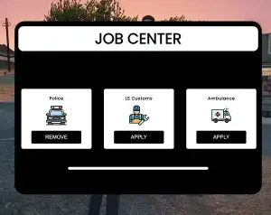 FiveM Job Center UI with Police, LS Customs, and Ambulance job selection