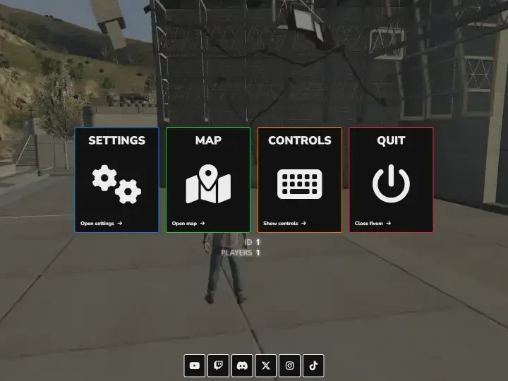 QBCore Custom Pause Menu – A modern FiveM pause menu with settings, map, controls, and quit options for enhanced user experience.