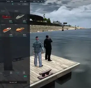 FiveM QBCore NoPixel 4.0 boat and vehicle rental UI at a dock.