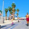 FiveM QBCore Roller Skating Script with players skating along a scenic beach road