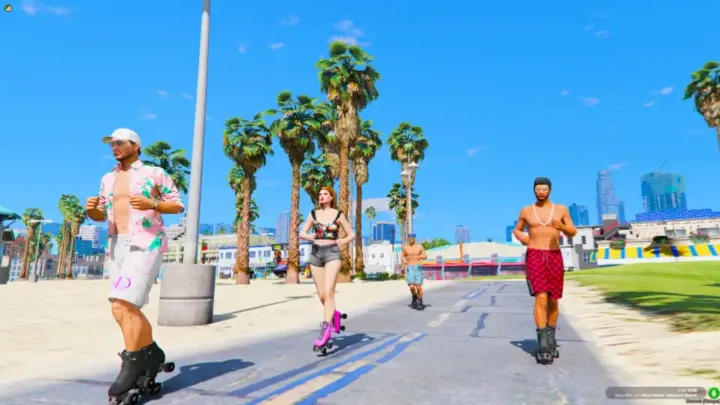 FiveM QBCore Roller Skating Script with players skating along a scenic beach road