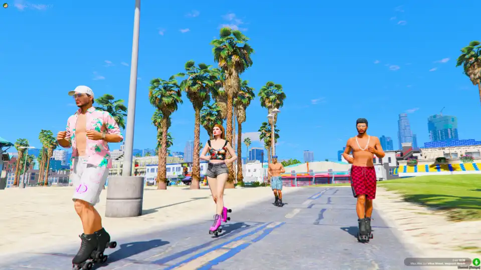 FiveM QBCore Roller Skating Script with players skating along a scenic beach road