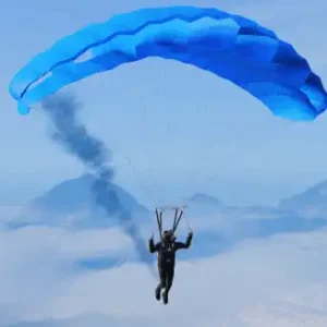 QBCore Skydiving script for FiveM featuring a character parachuting with a blue canopy over mountains