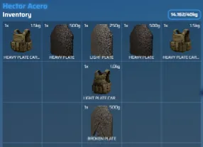 ESX plate carrier system with armor weight, durability, and damage tracking