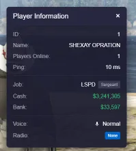 ESX character info UI with job, cash, bank, and voice status display