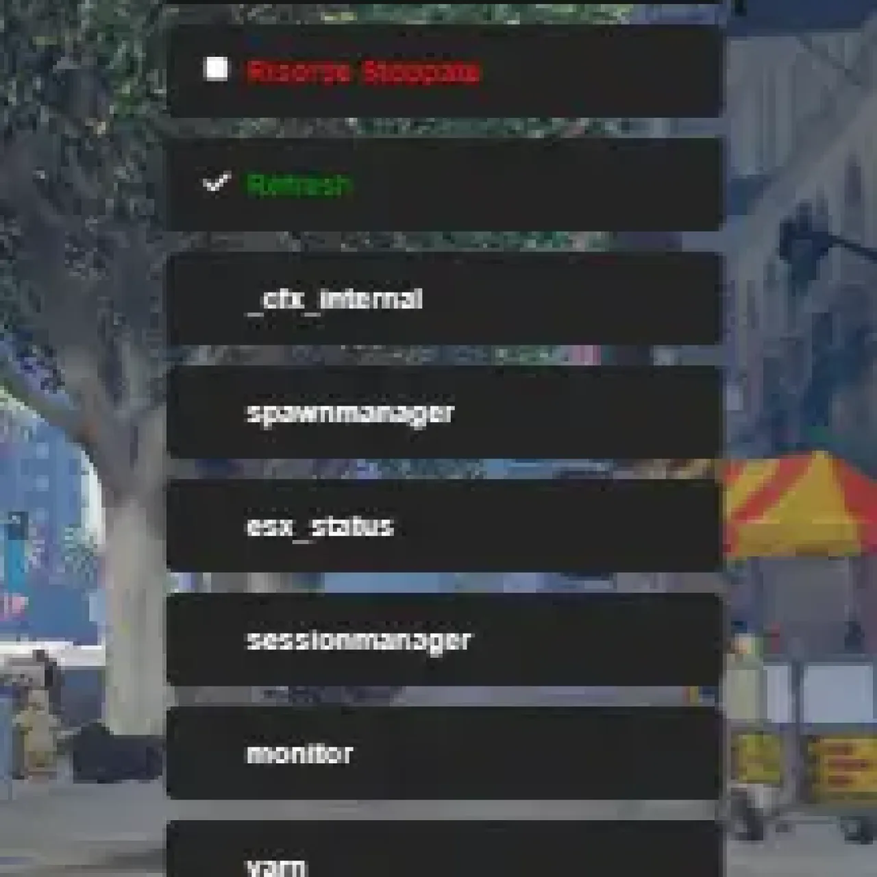 ESX Admin Menu Script showing resource management options in GTA RP.