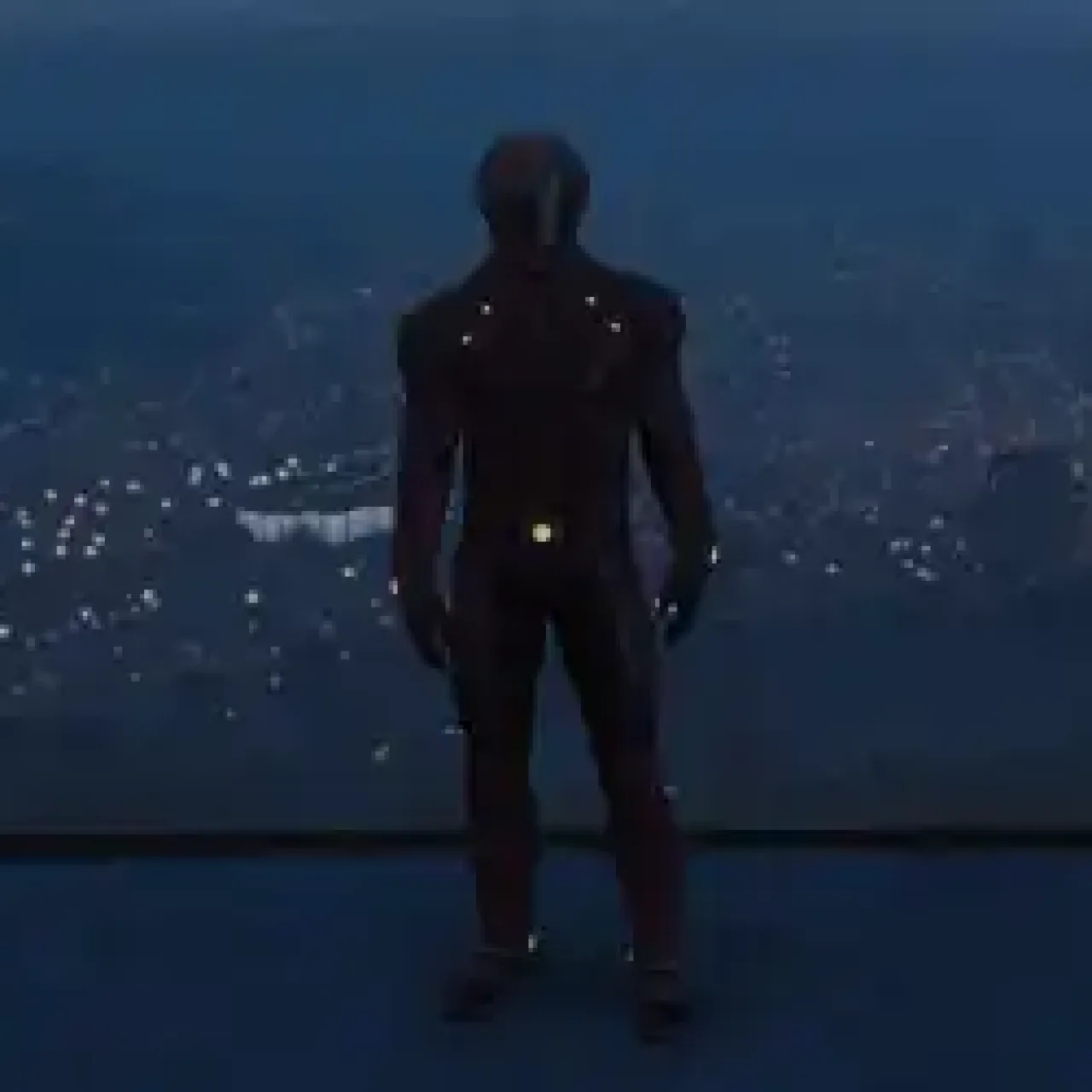 GTA V RP futuristic armored character standing over a city at night.