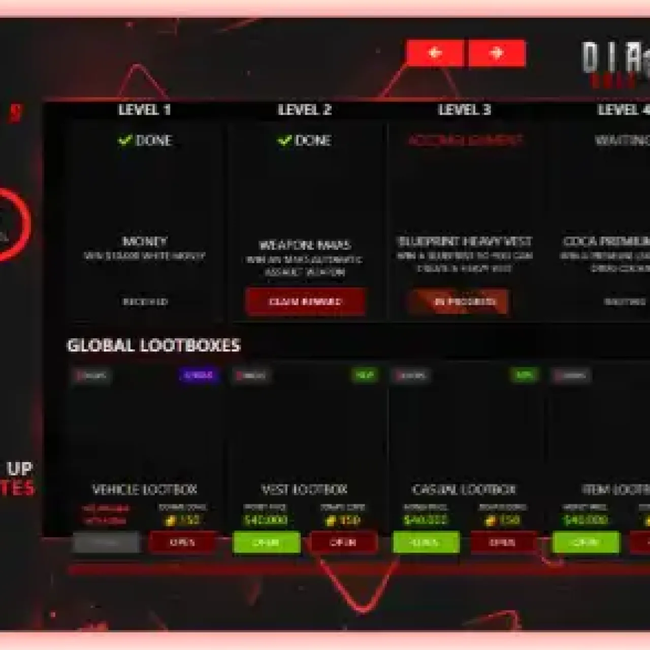 FiveM ESX Battlepass system with level progression, rewards, and loot boxes.