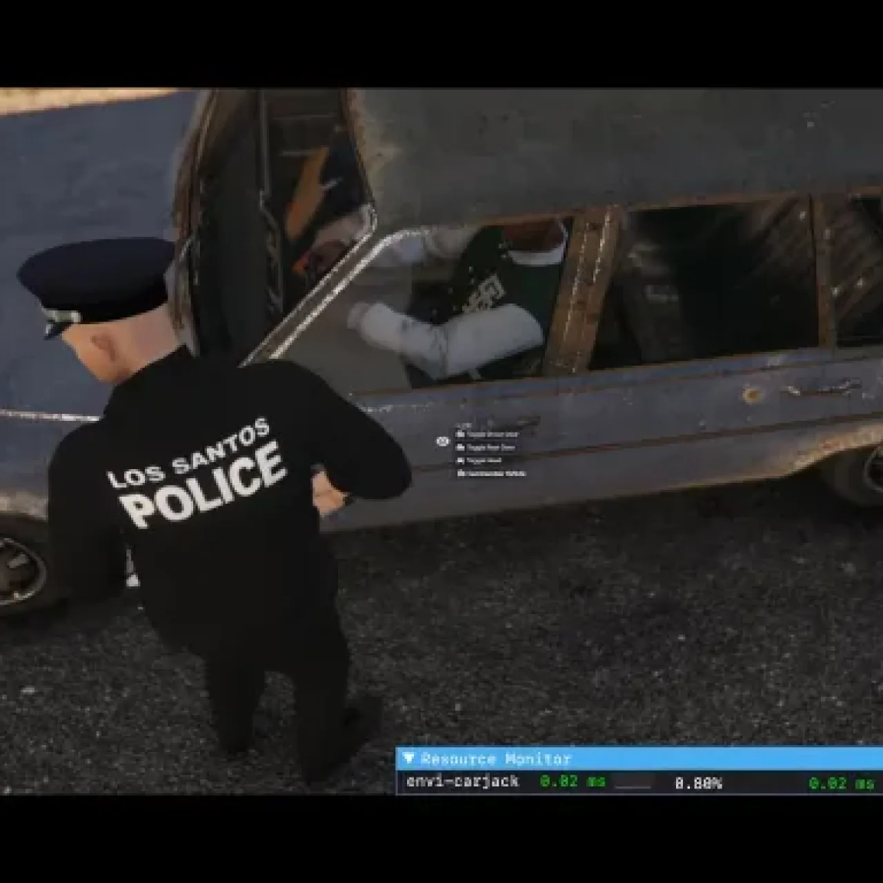 FiveM police officer interacting with a suspect during a carjacking event using ESX carjack script.