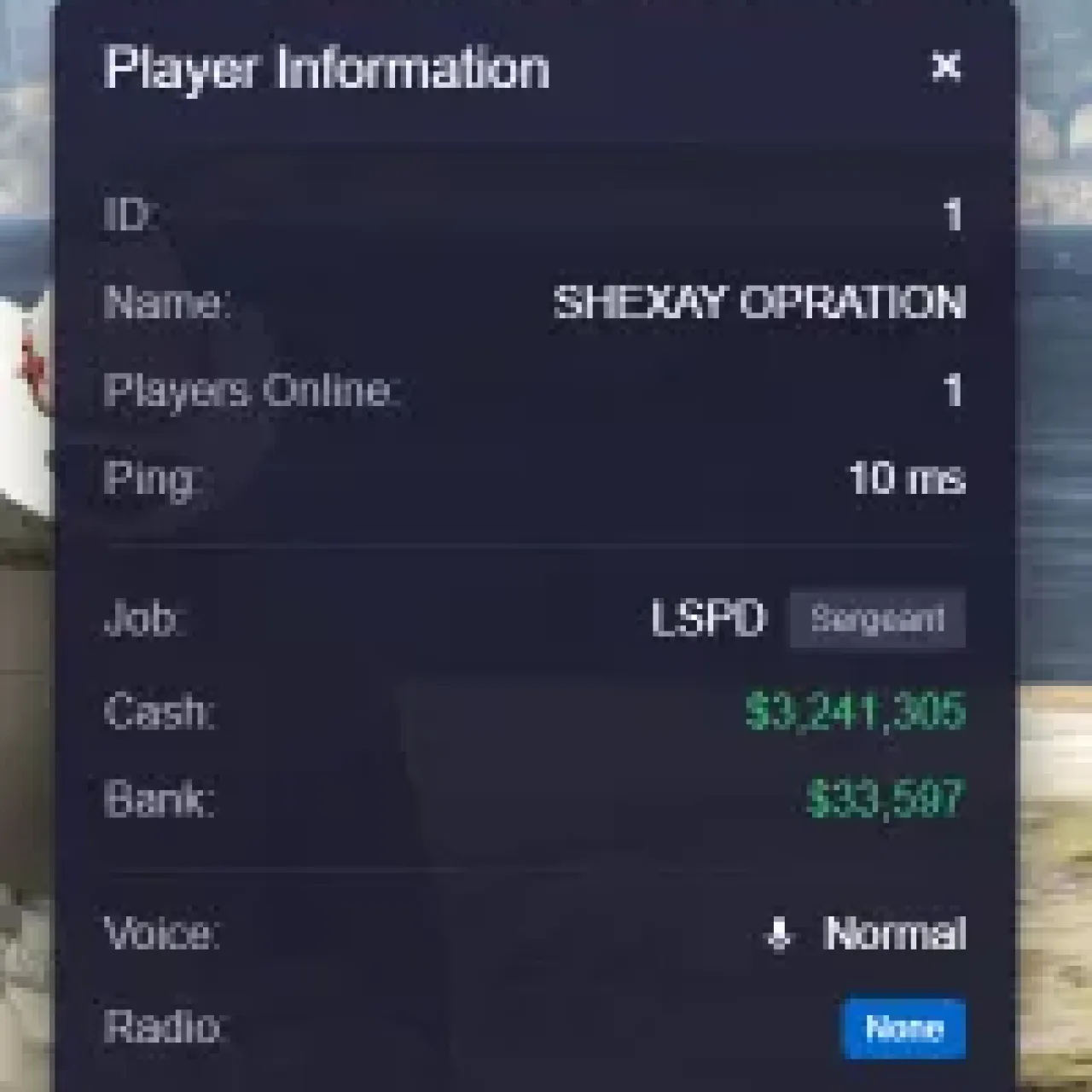 ESX character info UI with job, cash, bank, and voice status display