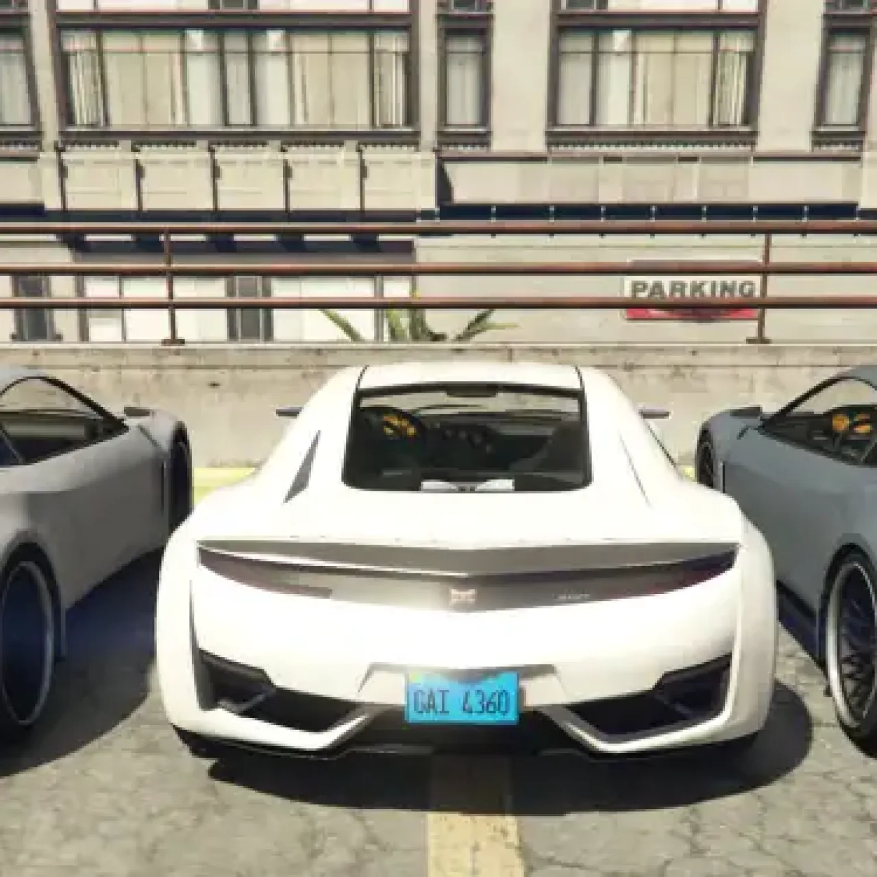 Screenshot of multiple sports cars with colored custom license plates using the ESX Custom License Plates and Patterns Script in FiveM.