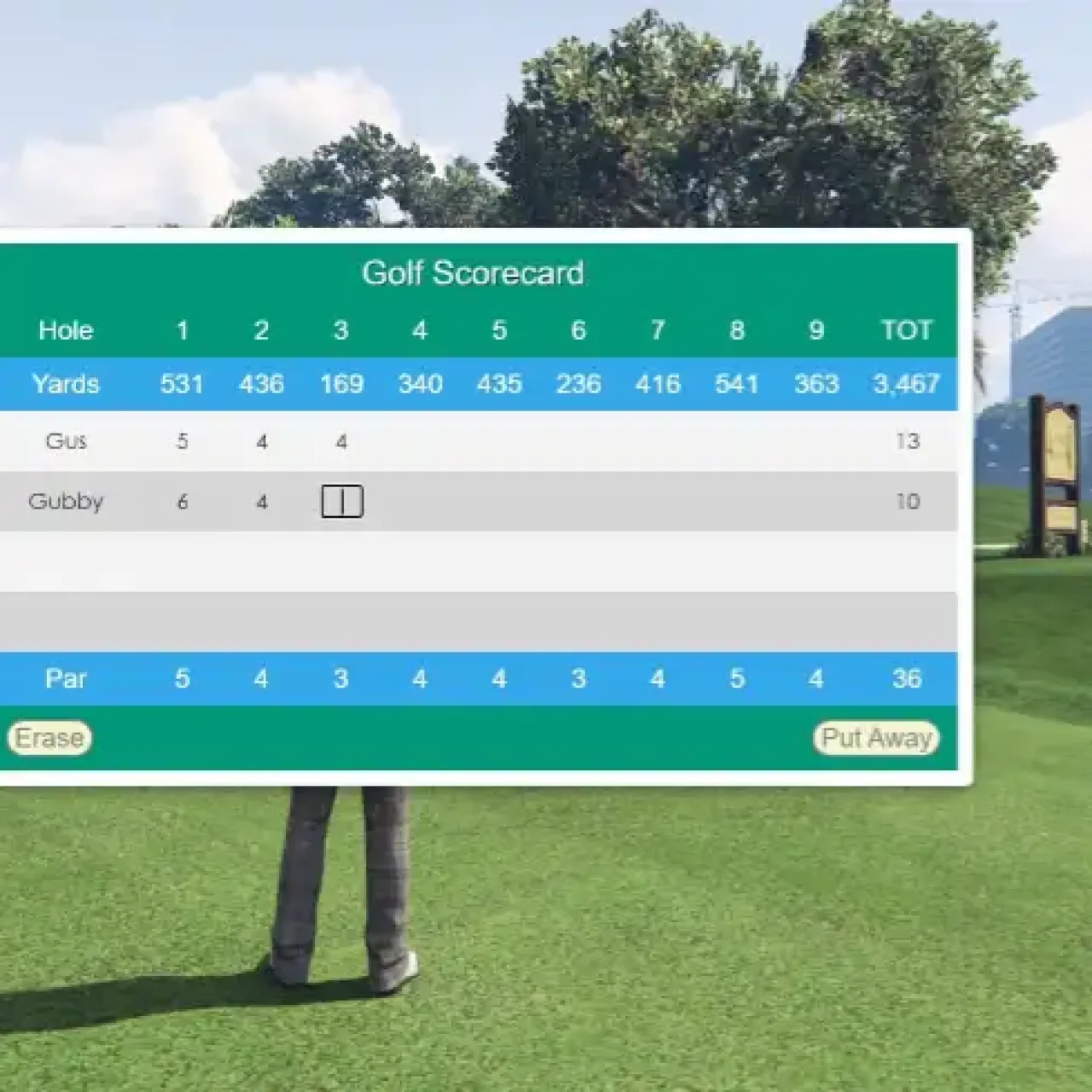 FiveM ESX golf scorecard UI with yardage, player scores, and par display