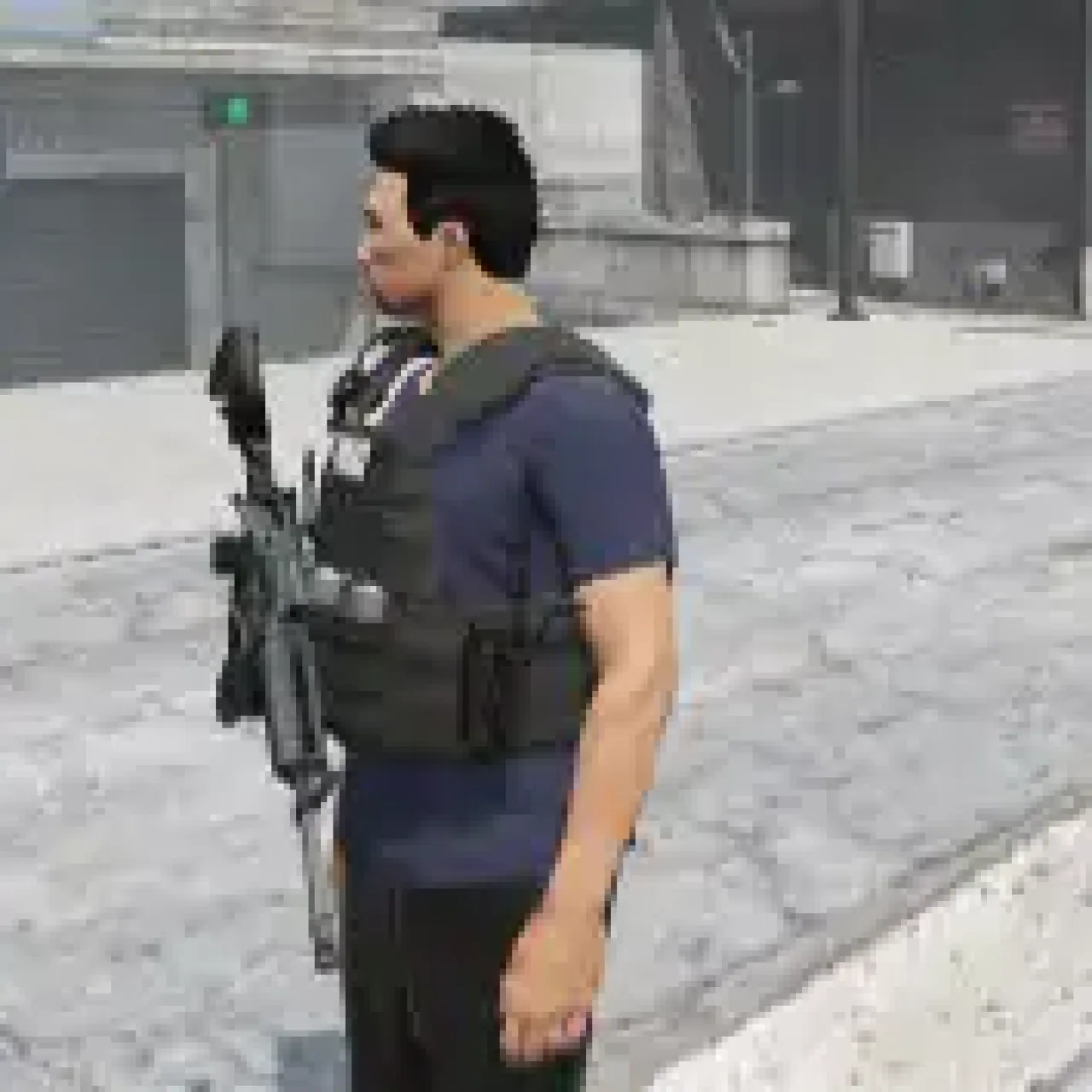 Player in FiveM using ESX Holster Script with a rifle holstered on their tactical vest during a patrol scenario.