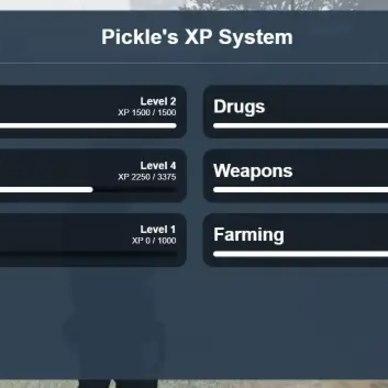 FiveM Esx Multicharacter Identifiers Script UI showing XP levels in drugs, weapons, and farming
