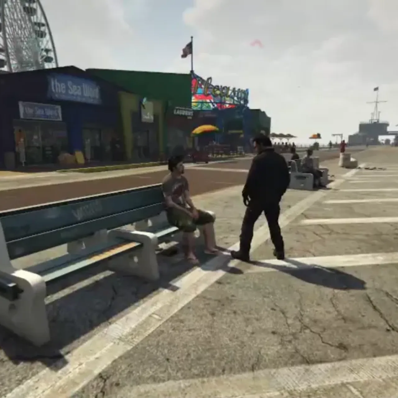 ESX Ped Chat Script showing NPC interaction on boardwalk in FiveM