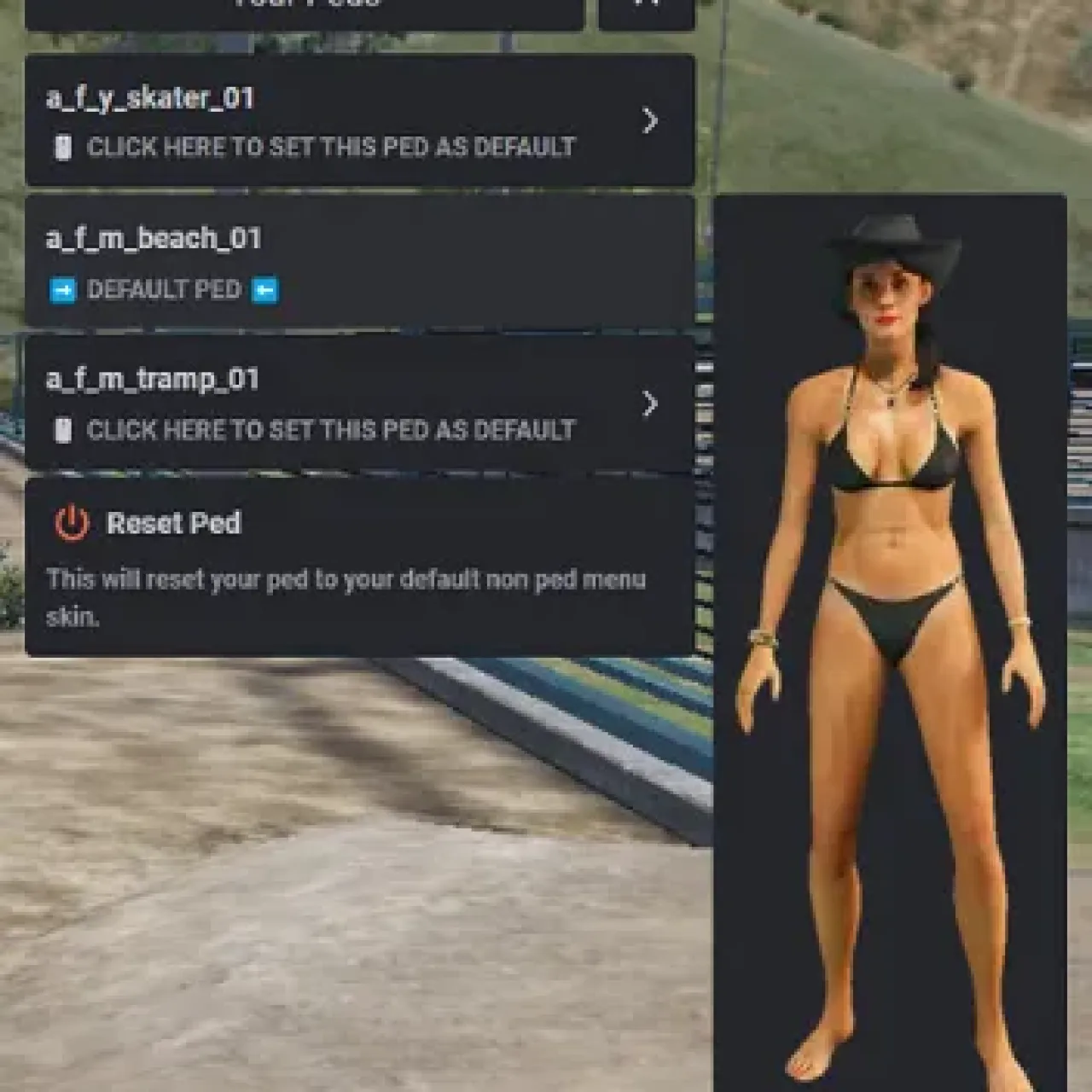 Screenshot of ESX Player Ped Script UI showing character model selection and default skin reset in a FiveM server.