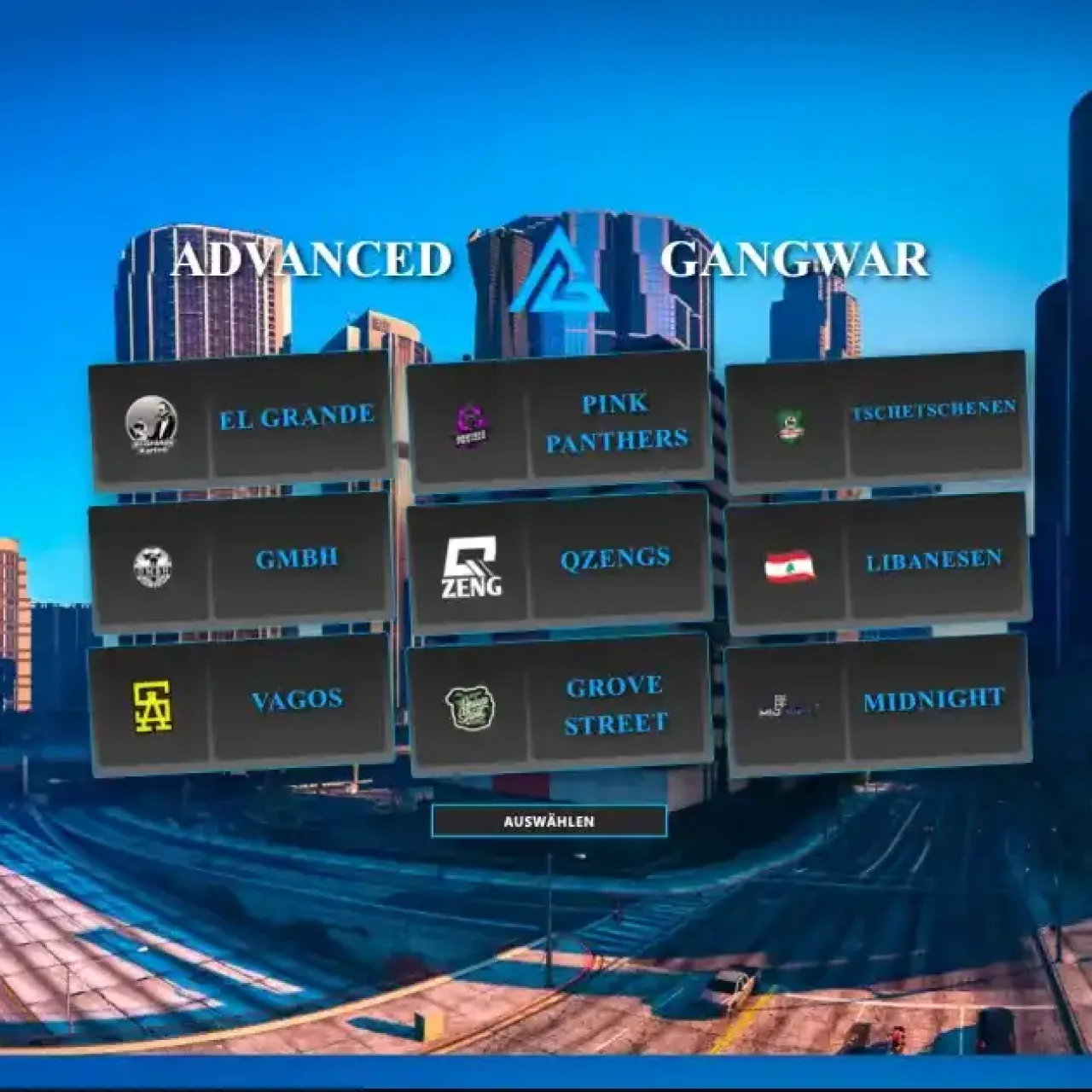 ESX Advanced Gangwar interface allows players to select from a variety of gang war missions and locations, enhancing the FiveM roleplay experience with rich options and dynamic gameplay