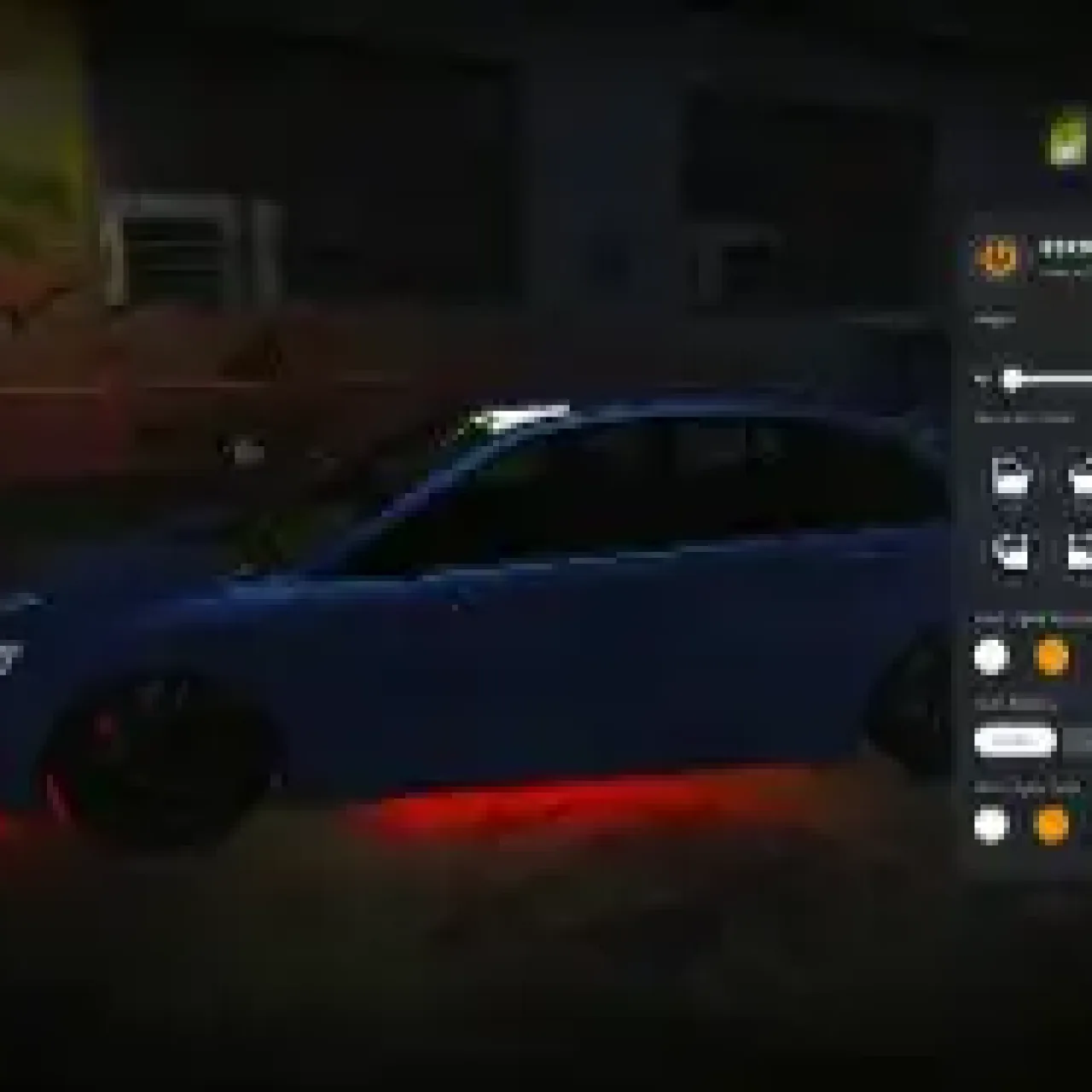 FiveM ESX vehicle customization UI with stance, neon, and visual tuning options.