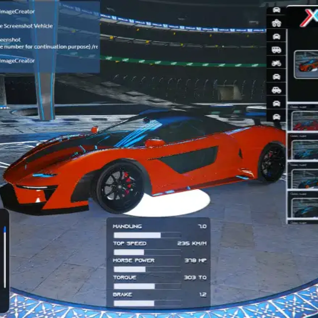 In-game screenshot of a supercar displayed with stats using the ESX Vehicle Image Creator Script in FiveM.