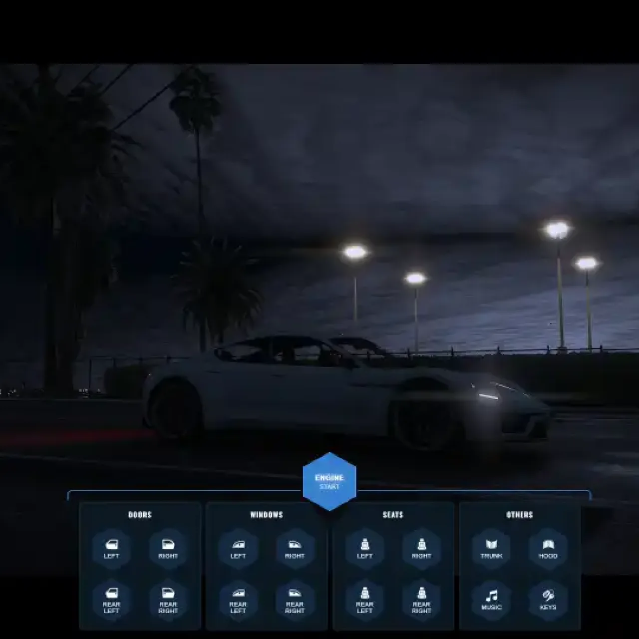 QBCore vehicle control menu with interactive UI for doors and extras