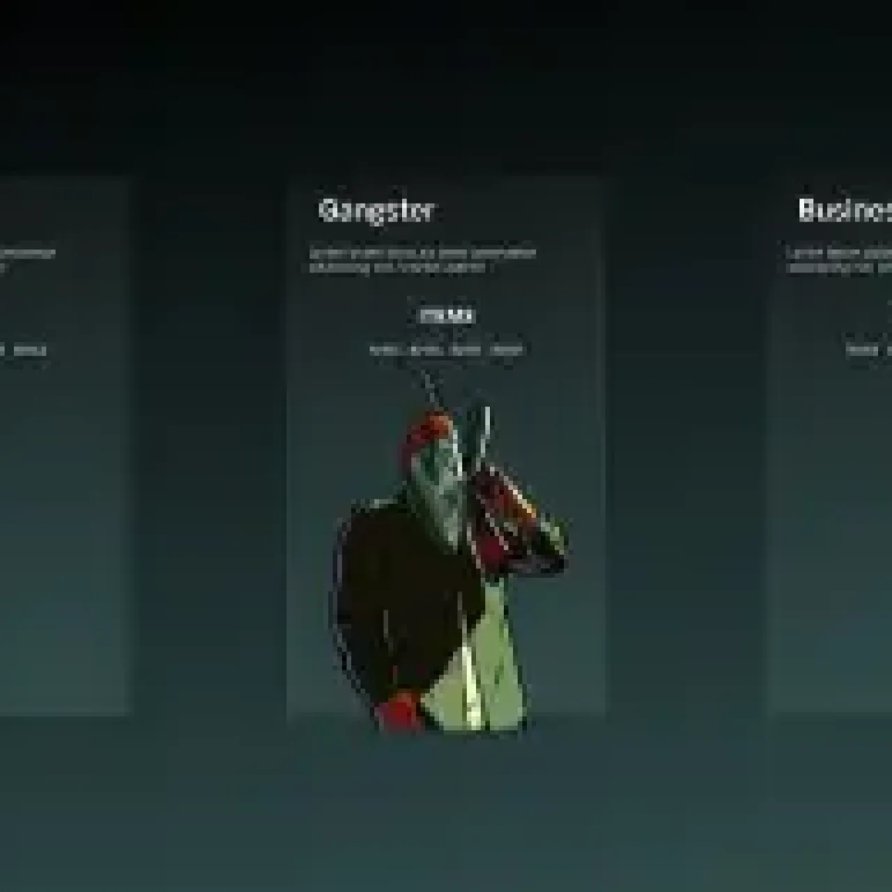 ESX lifestyle selection screen showing Civilian, Gangster, and Businessman character roles with descriptions and images.