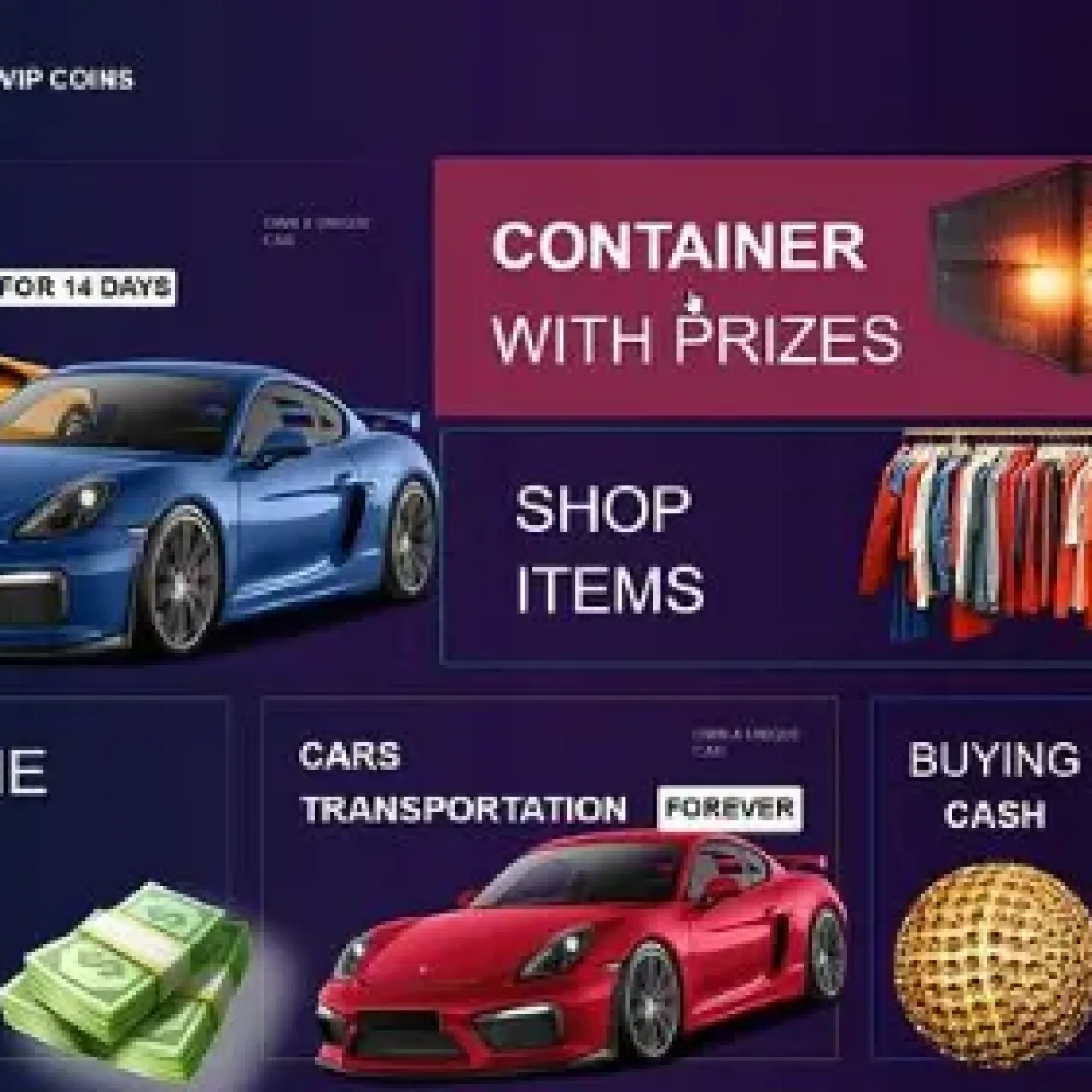 FiveM ESX VIP system shop UI with vehicle subscription, in-game currency, prize containers, and exclusive rewards