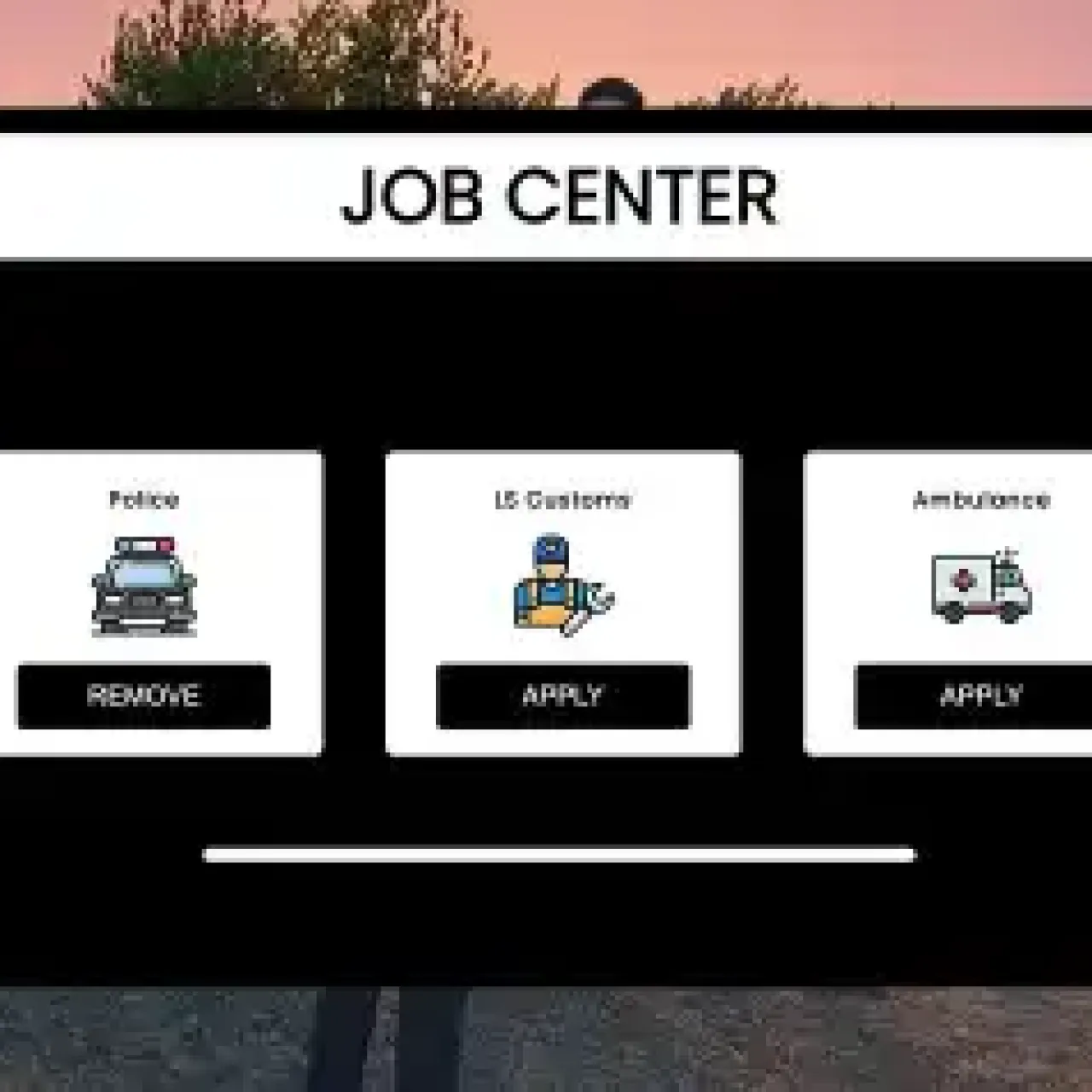 FiveM Job Center UI with Police, LS Customs, and Ambulance job selection