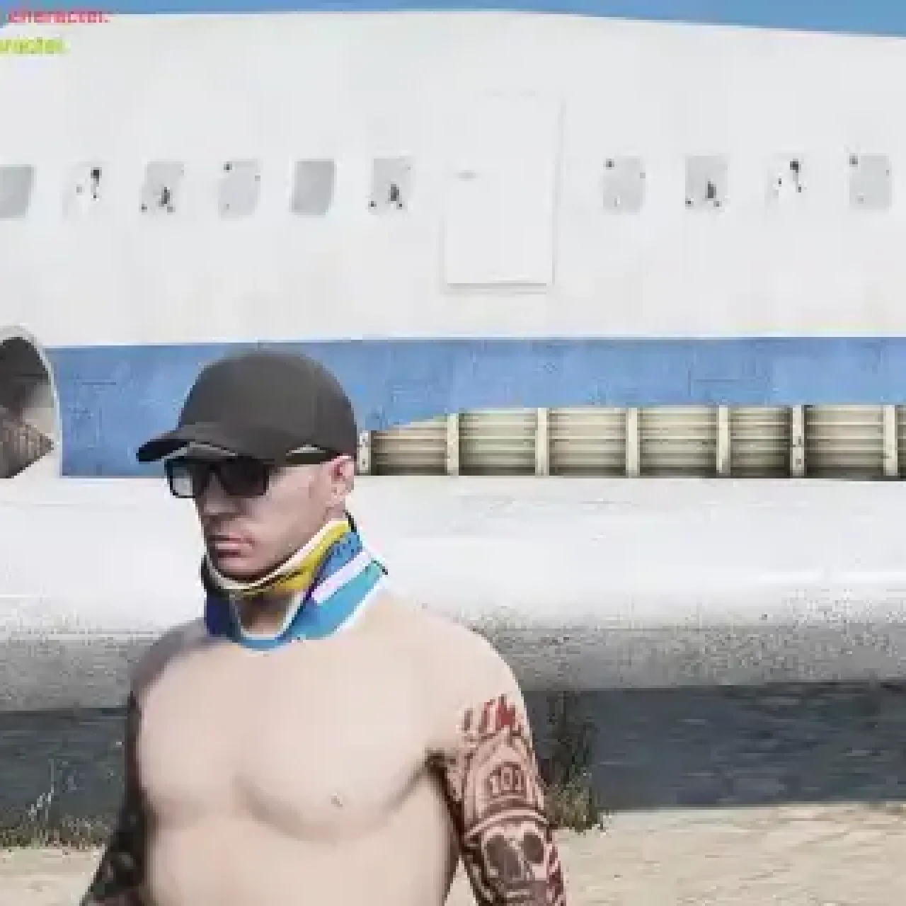 FiveM character with a cervical collar near a crashed airplane.
