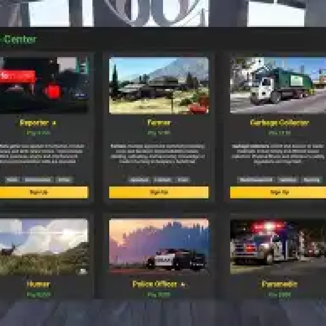 QBCore Job Center UI for FiveM, featuring an interactive employment system with multiple job selection options.