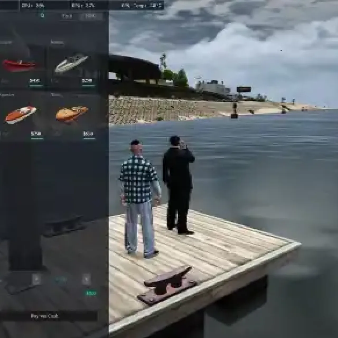 FiveM QBCore NoPixel 4.0 boat and vehicle rental UI at a dock.