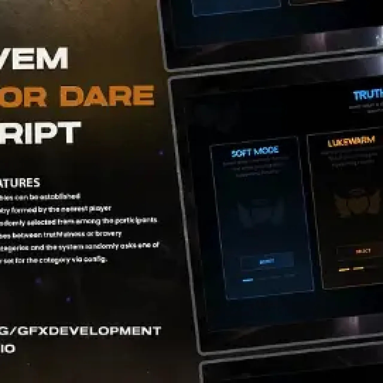 QBCore Truth or Dare Script for FiveM – Fun Social Roleplay GameQBCore Truth or Dare Script for FiveM adds a dynamic truth-or-dare game, enhancing roleplay with engaging social challenges and random questions.