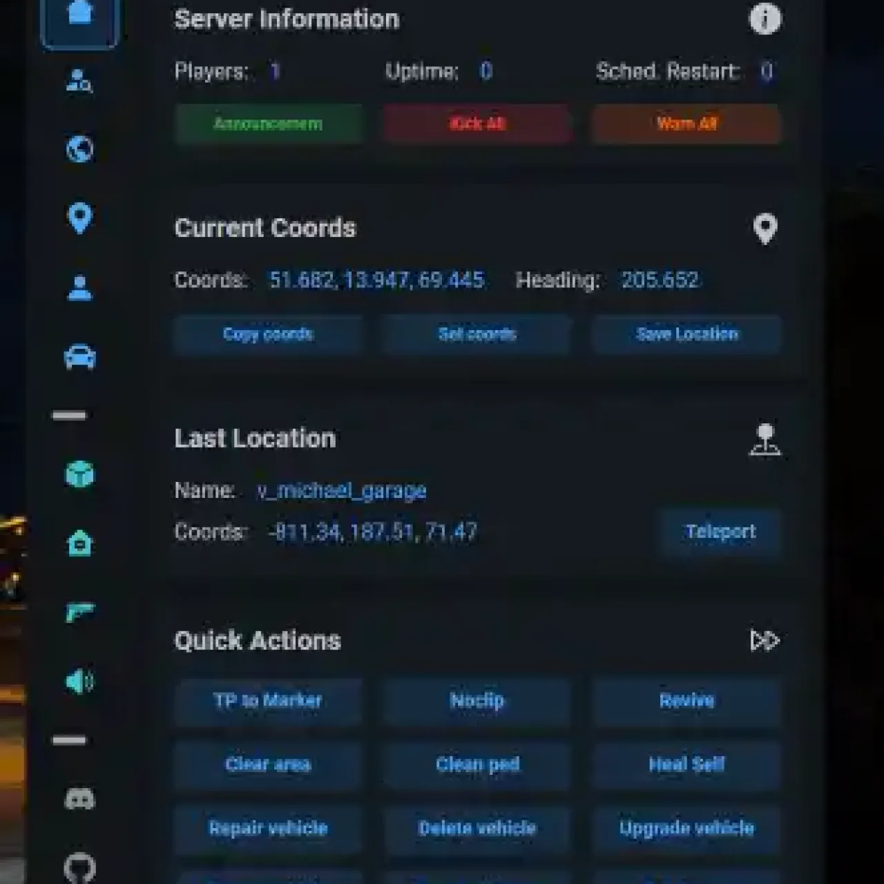 QBCore Admin Menu UI for FiveM server management, showing coordinates, teleport options, and quick action tools.